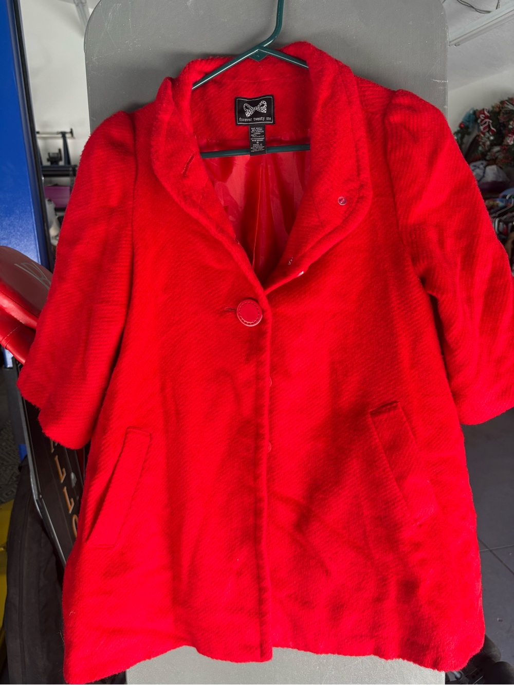 vintage red textured swing coat wide draped collar, 3/4 sleeve 30 percent wool